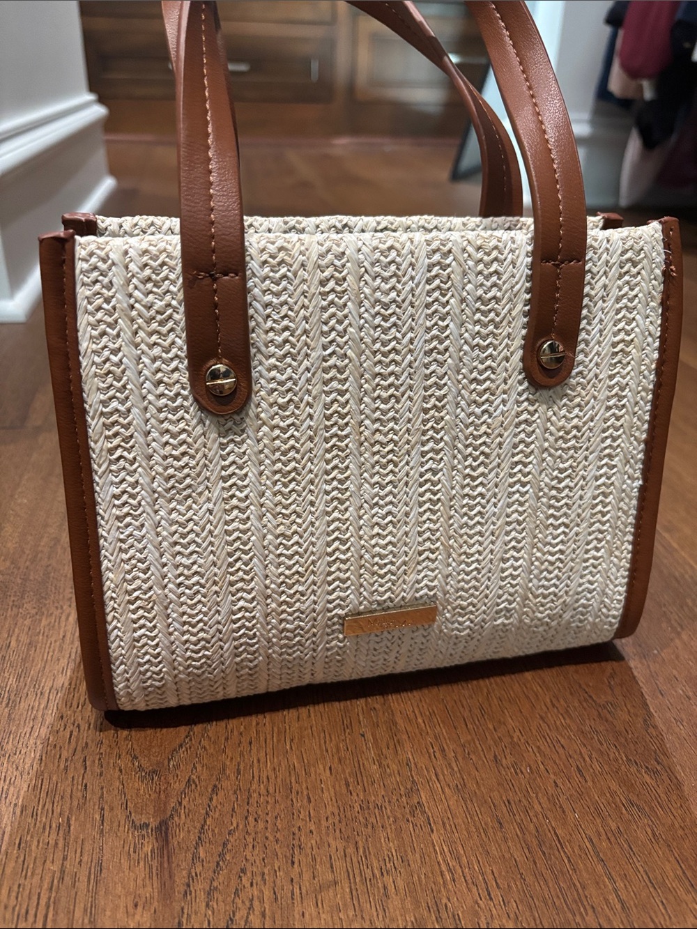 Cream Woven Tote with Brown Trim - Women's Structured Handbag